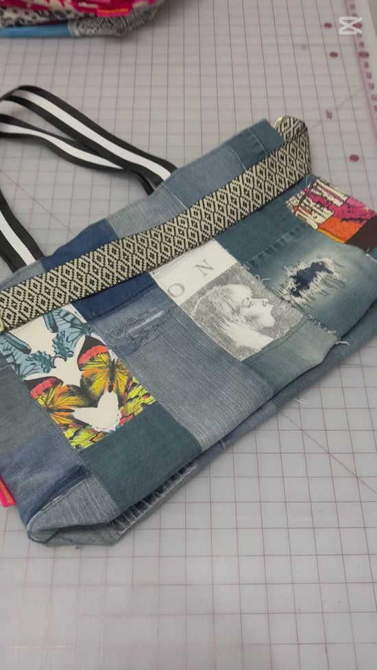 Load and play video in Gallery viewer, 80&amp;#39;s Denim Collage Tote
